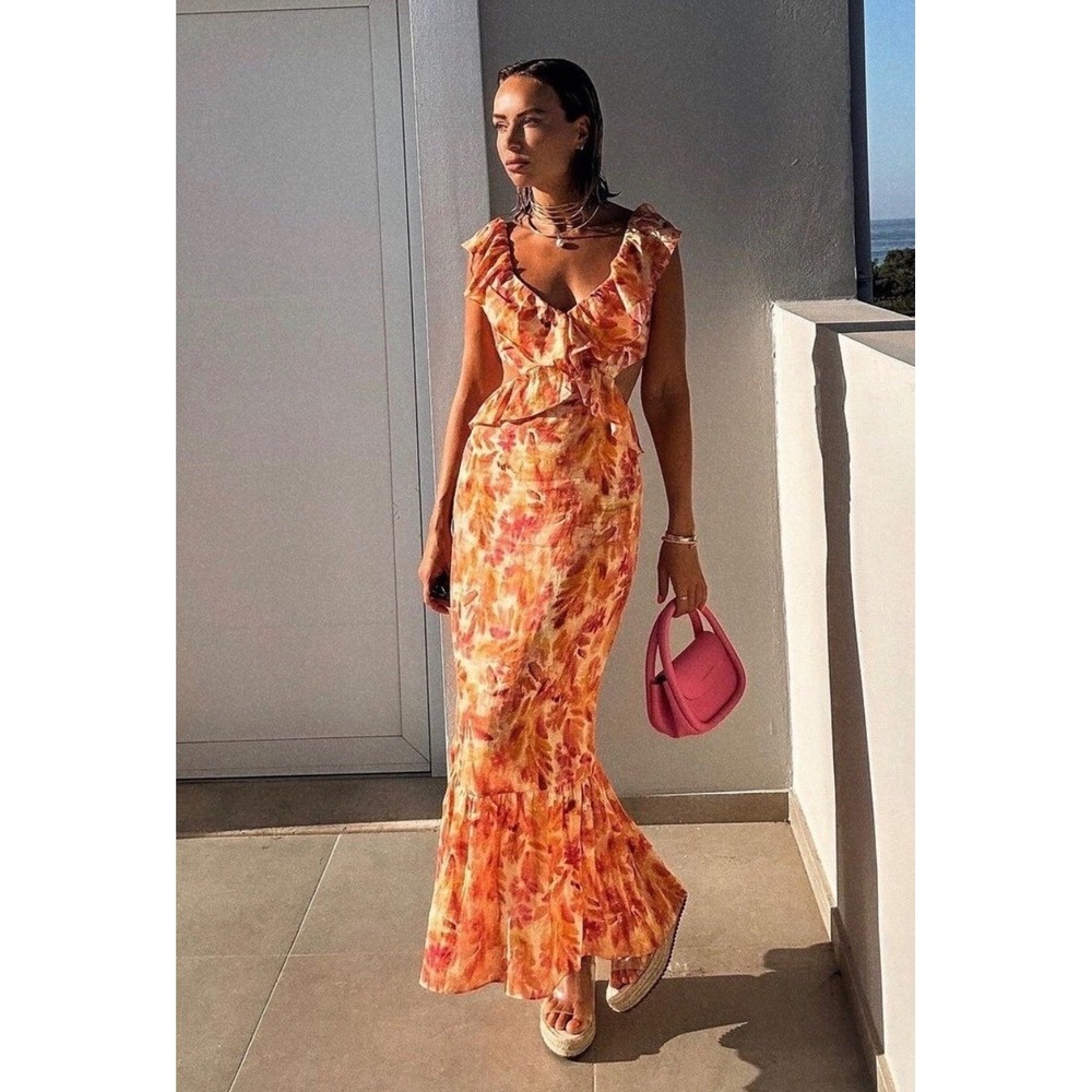 Zara Linen Cut Out maxi Dress sz XL Orange Pink Floral Ruffle boho blogger fav